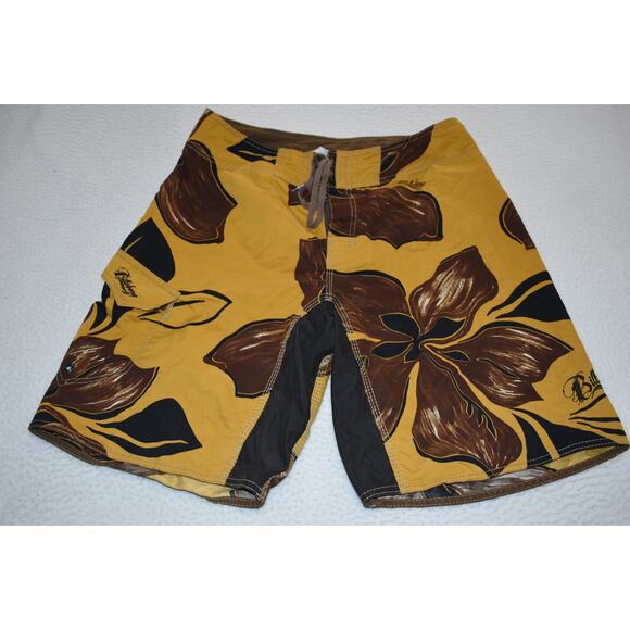 Billabong Swimming Cargo Board Shorts Mens Size 34 Yellow Brown Floral - Picture 2 of 8
